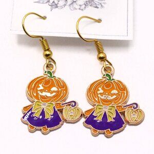 Handmade Enamel Halloween Pumpkin Girl with Lantern Earrings, New